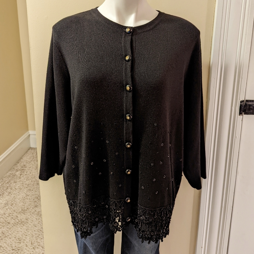 Carol Pattengon black with lace trim and beads cardigan size 1X NWT